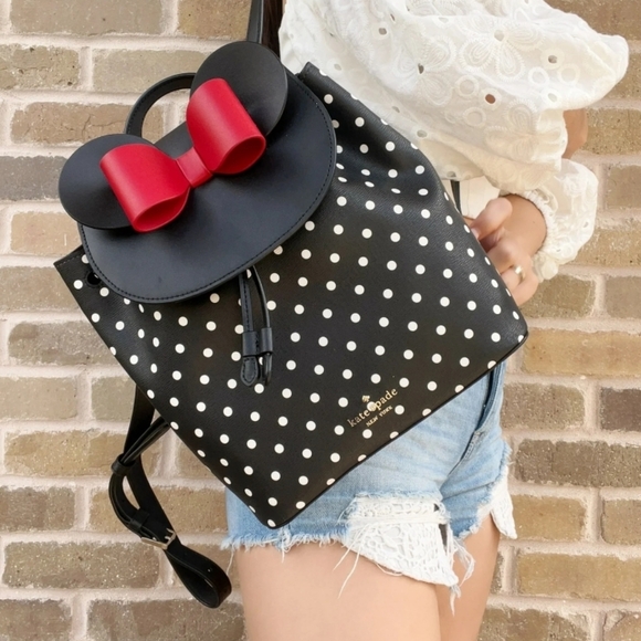 KATE SPADE DISNEY MINNIE MOUSE BACKPACK BLACK WHITE POLKA DOT LEATHER RED BOW - Picture 2 of 9